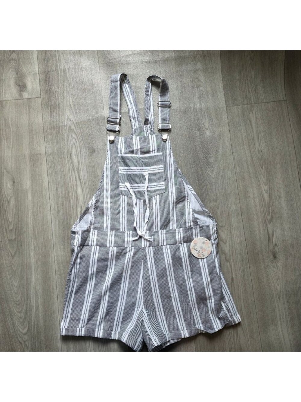 Striped Gray & White Shortalls Overalls Front Pocket - Jolie & Joy Large NWT